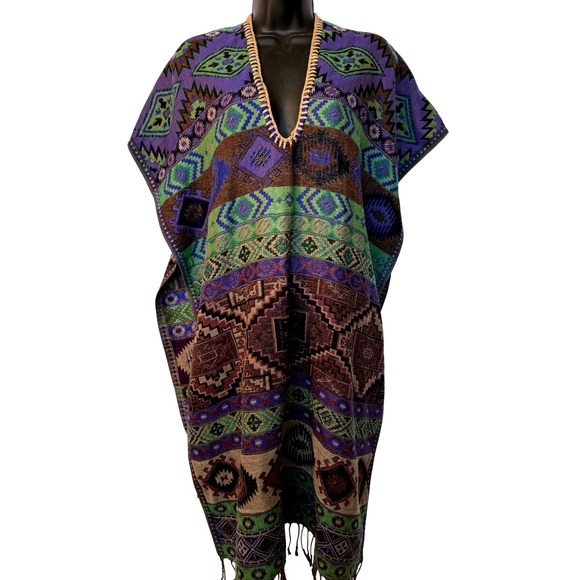 Southwestern Festival Boho Purple Green Open Poncho Shawl Fringe Trim One Size - Picture 2 of 7